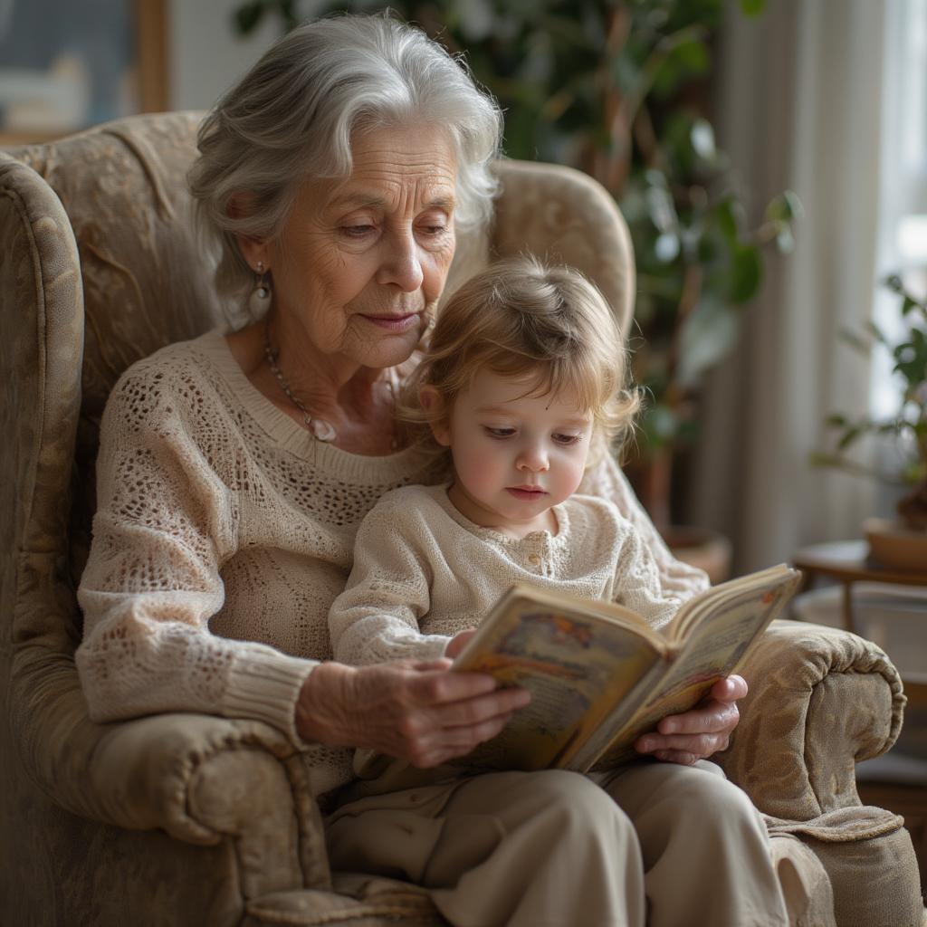 Grandmother reading a book to her grandchild, showcasing a tender moment.