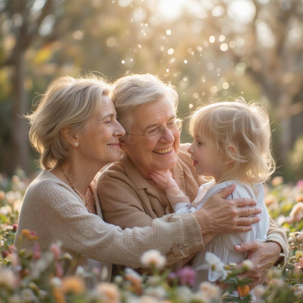 Grandparents embracing their grandchildren warmly