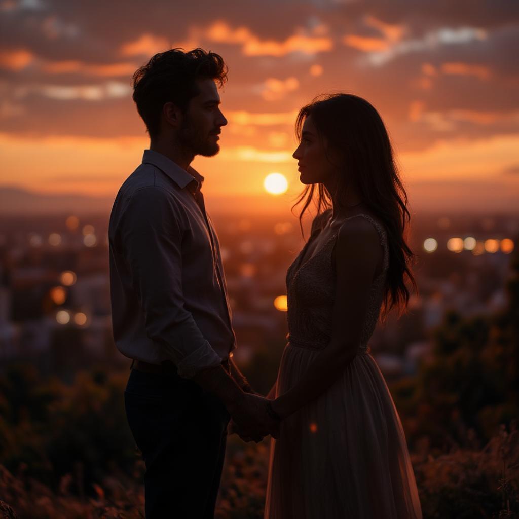 Romantic couple holding hands overlooking a scenic sunset