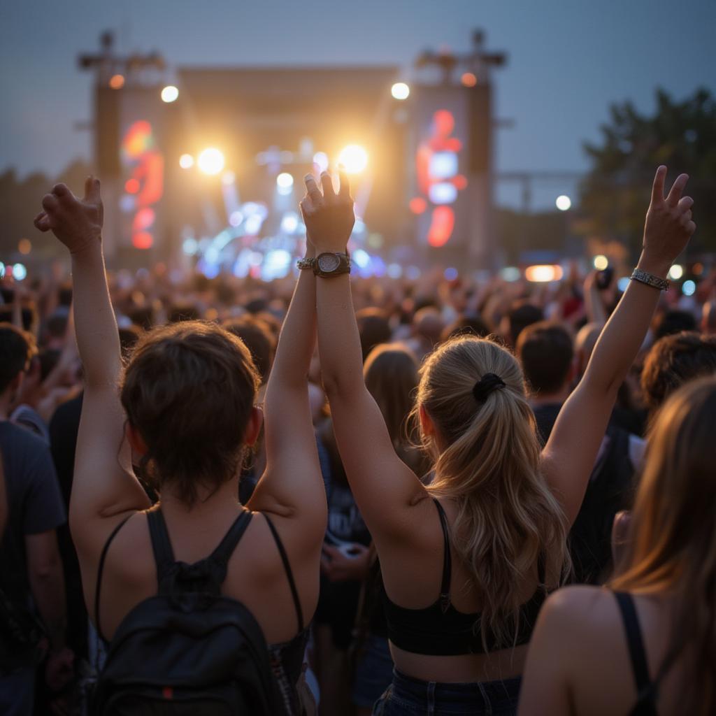 A group of friends enjoying music at a concert, their hands raised in the air, clearly having a great time.