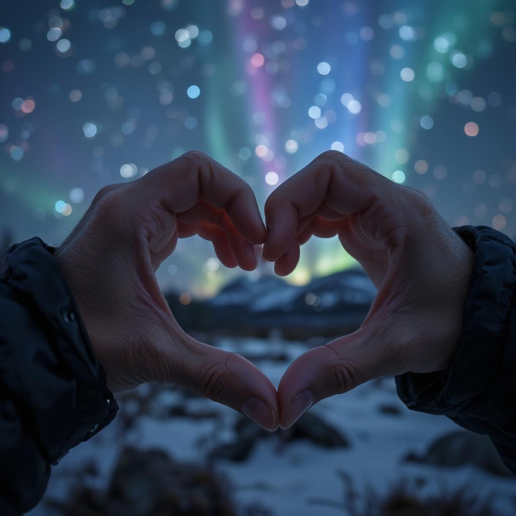 Hands forming a heart shape against the backdrop of the aurora borealis