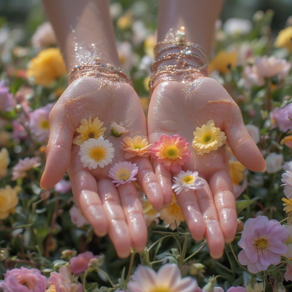 Two hands intertwined amidst blooming flowers