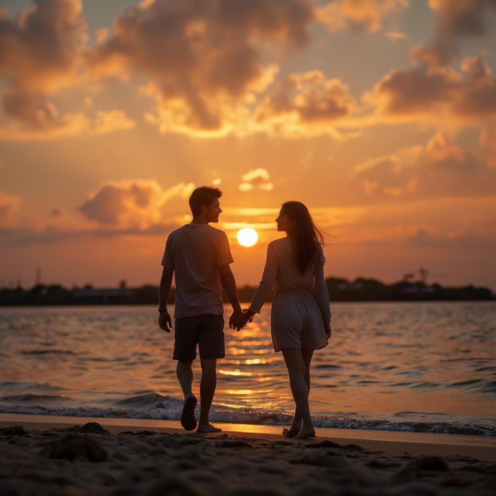 Couple Enjoying Sunset at Beach - Happiness and Love