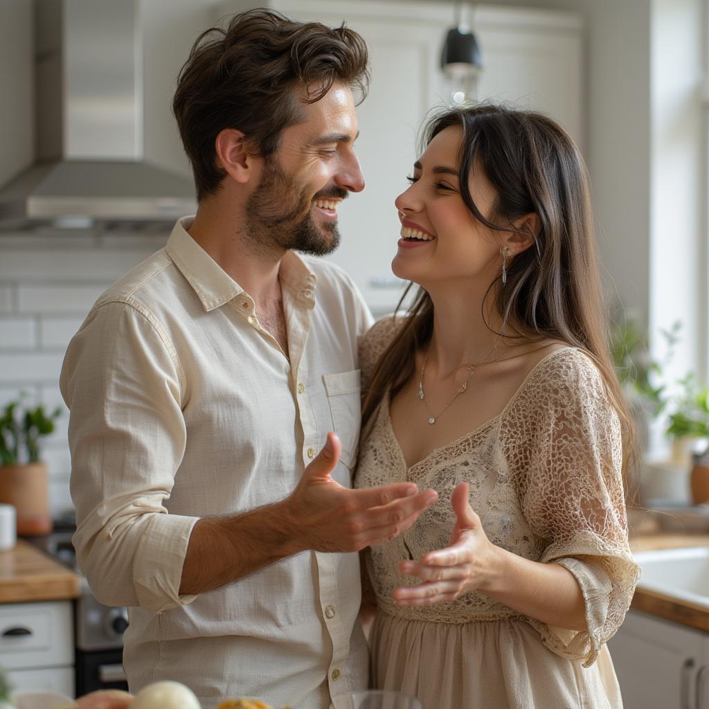 Couple laughing together in the kitchen