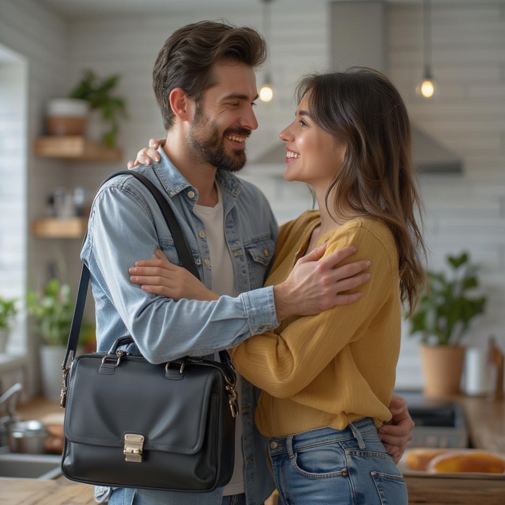 Couple embracing before work