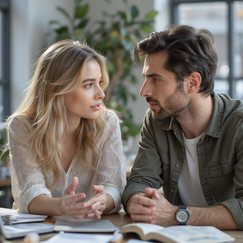 He Supports Your Dreams - A man supportively listening to his partner as she discusses her aspirations and goals, offering encouragement and advice.