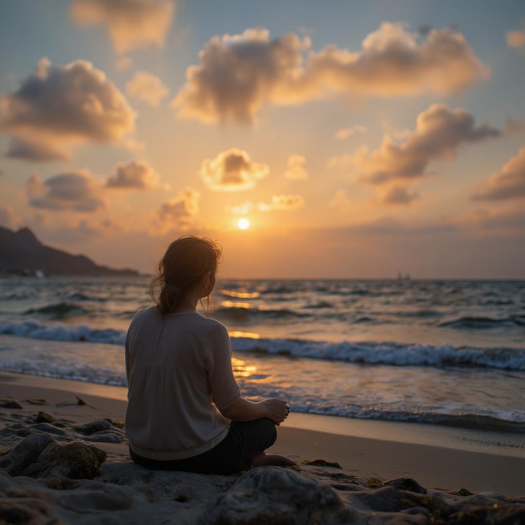 Healing Quotes After Loss: An image of a person sitting on a beach at sunset, looking out at the ocean. The serene setting represents finding peace and solace in nature after experiencing loss. The sun setting signifies the end of a chapter, but also the promise of a new dawn.