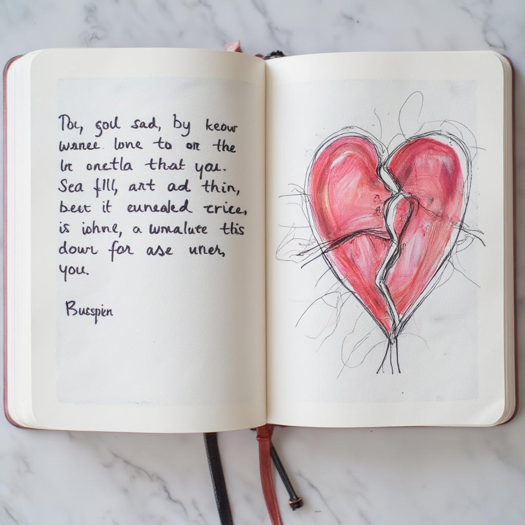 A journal open to a page with sad love quotes and drawings.