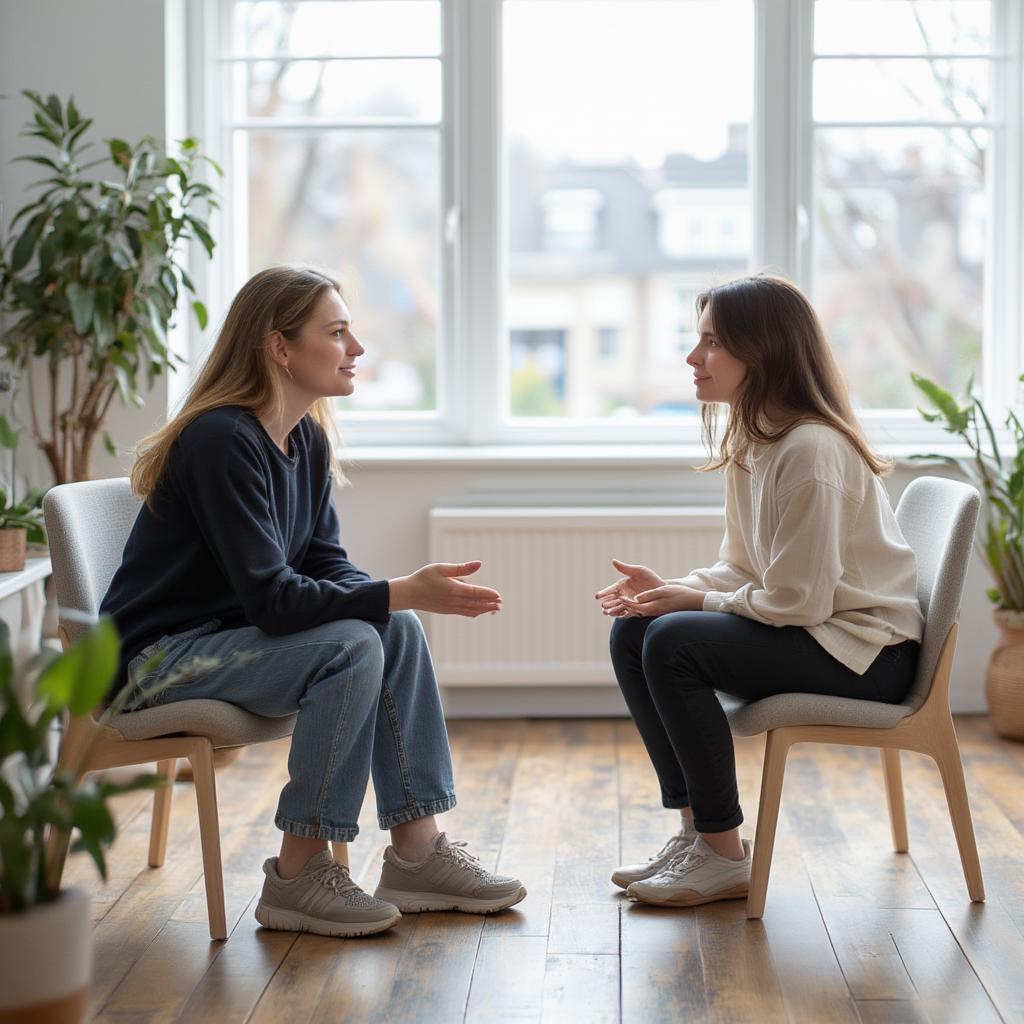 Two people sitting down and talking openly and honestly with each other, showing healthy communication.