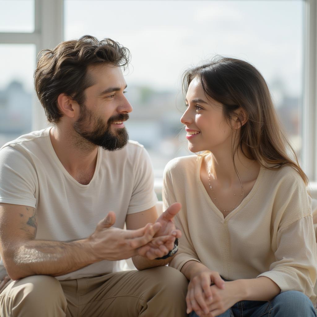 Couple engaged in open and honest communication, depicting a healthy and balanced relationship.