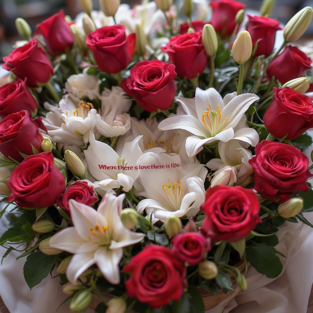 Heart-Shaped Arrangement of Flowers with Love Quote