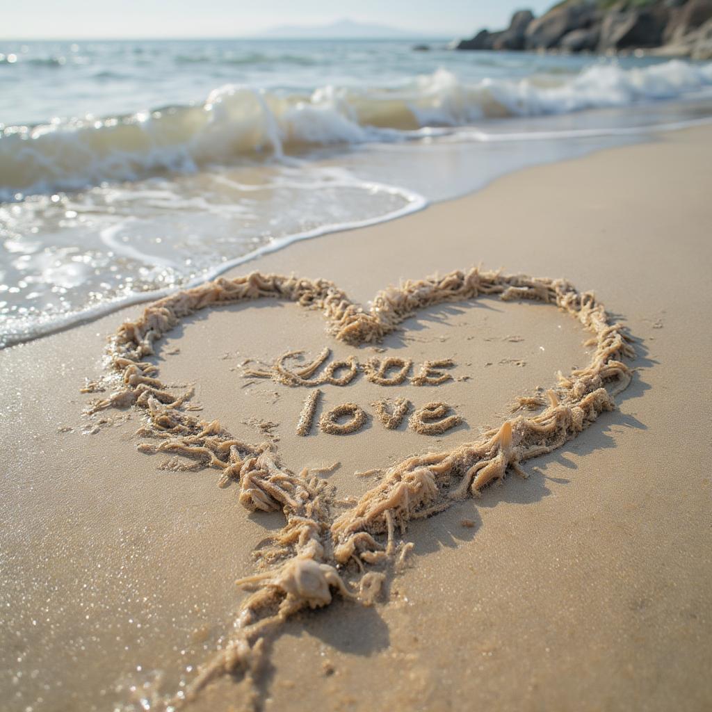 Heart drawn in the sand on a beach with a love quote