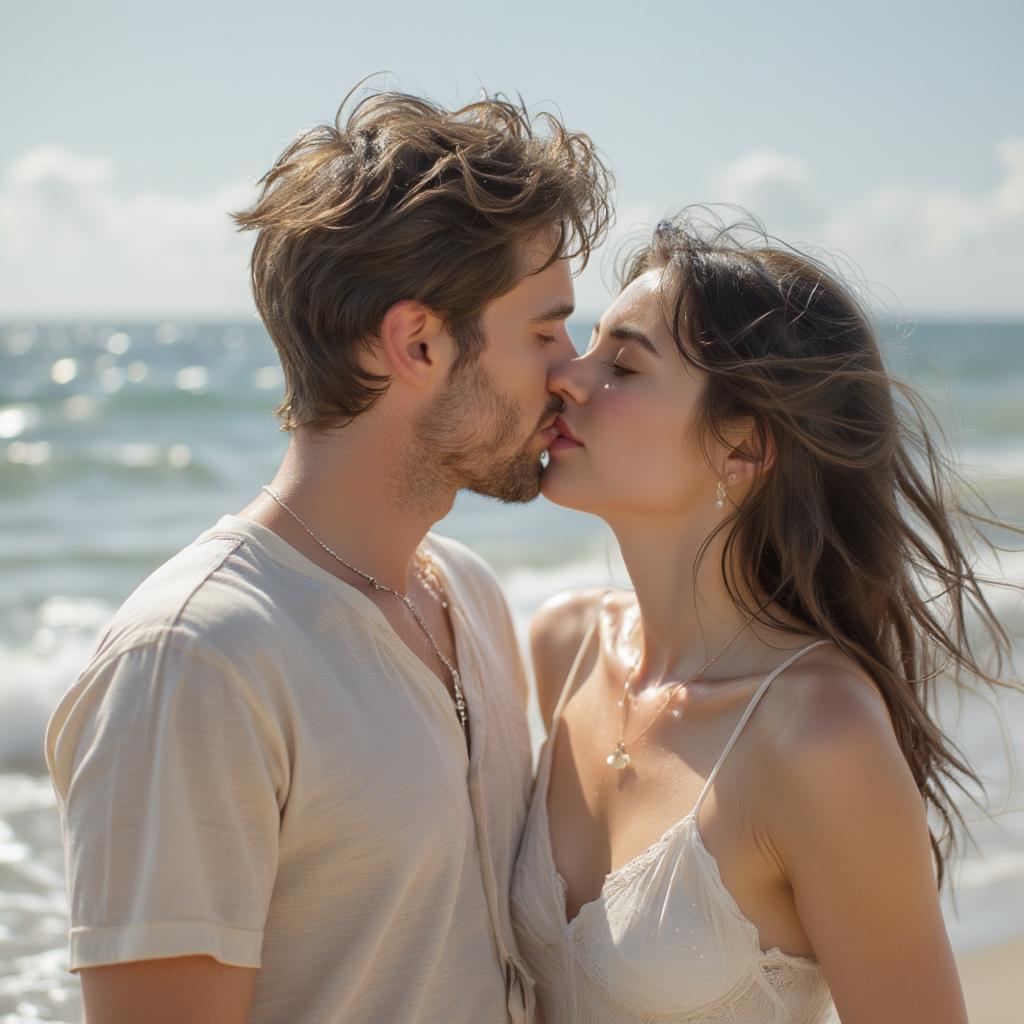 Henry and Lucy share a tender kiss on the beach