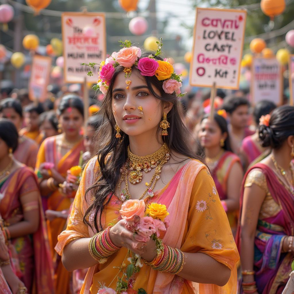 Celebrating love during an Indian festival with quotes displayed.