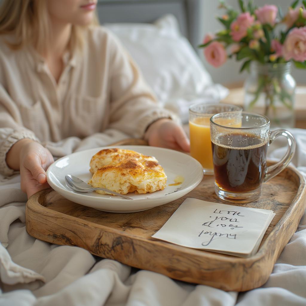 A person bringing their partner breakfast in bed as an act of service.