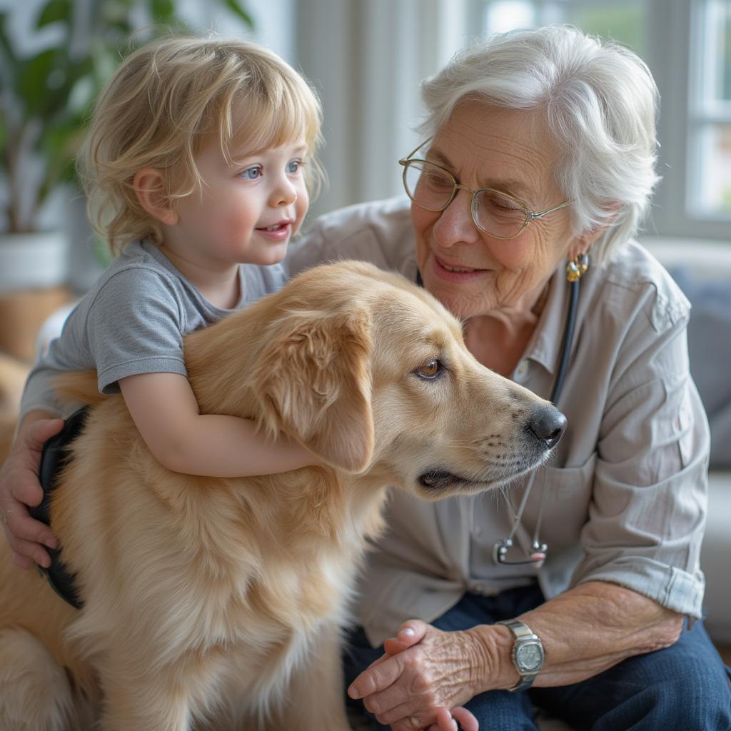 The Psychology of the Human-Dog Bond:  An illustration depicting the strong emotional connection between humans and dogs, showing the positive impact dogs have on human well-being.