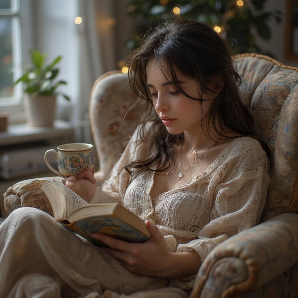 Image of a person reading a book with a comforting beverage, finding solace in words.