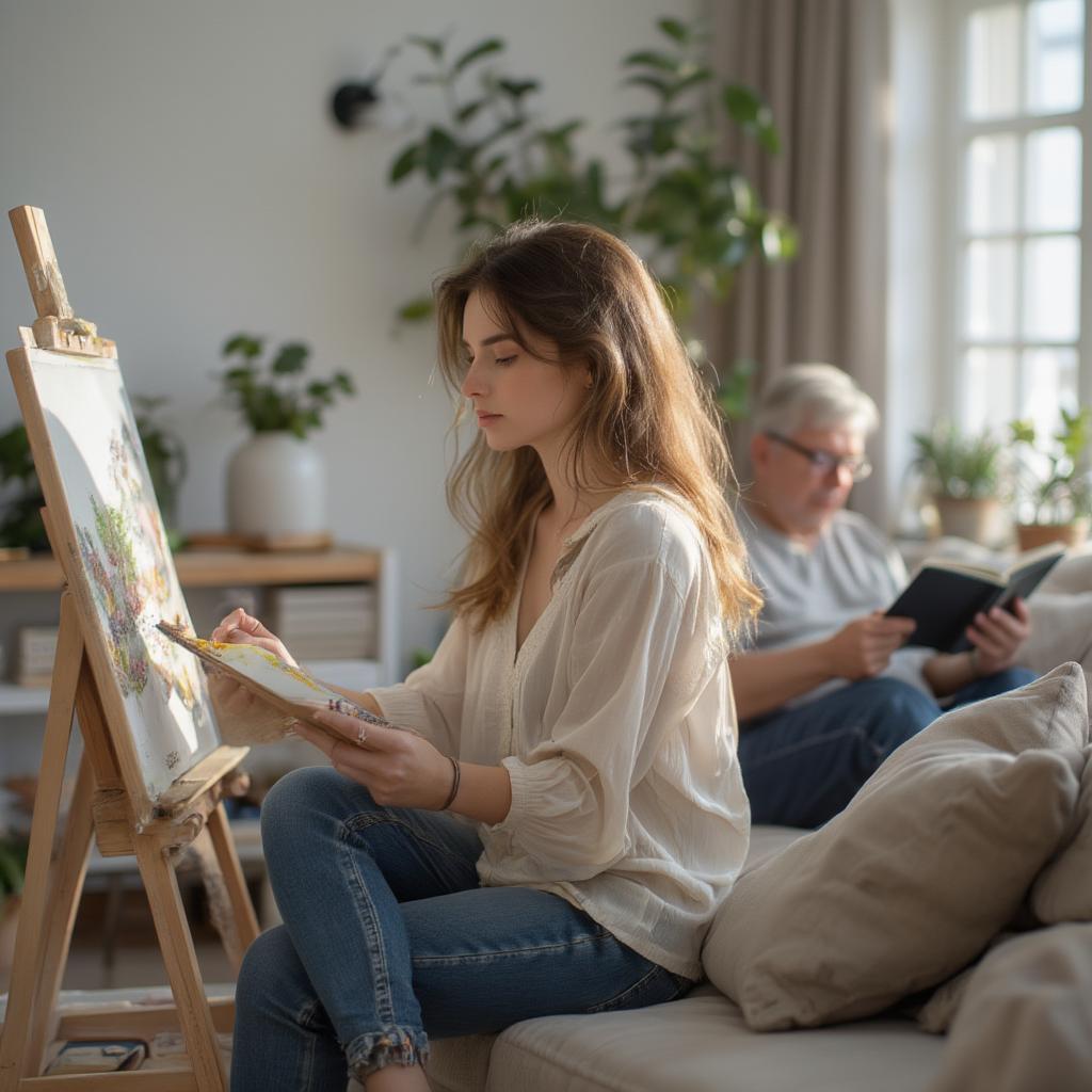 A woman painting on a canvas while her partner reads a book on the couch nearby