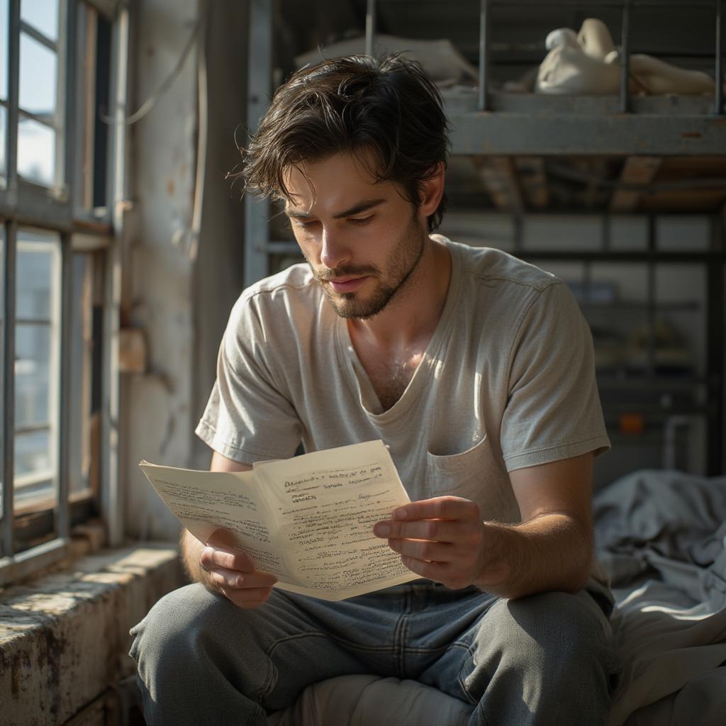 Inmate reading a love letter with a thoughtful expression.