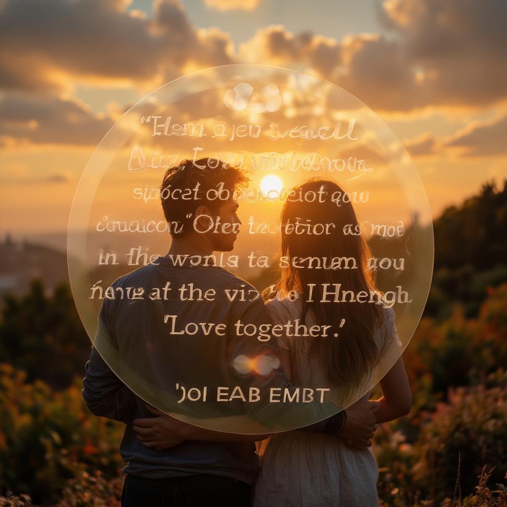 Couple watching sunset, embracing, inspirational love quote backdrop