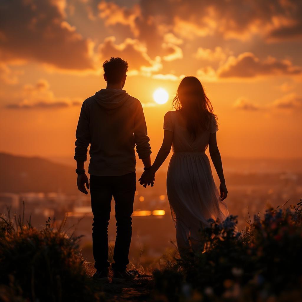 Couple Holding Hands, Walking into the Sunset