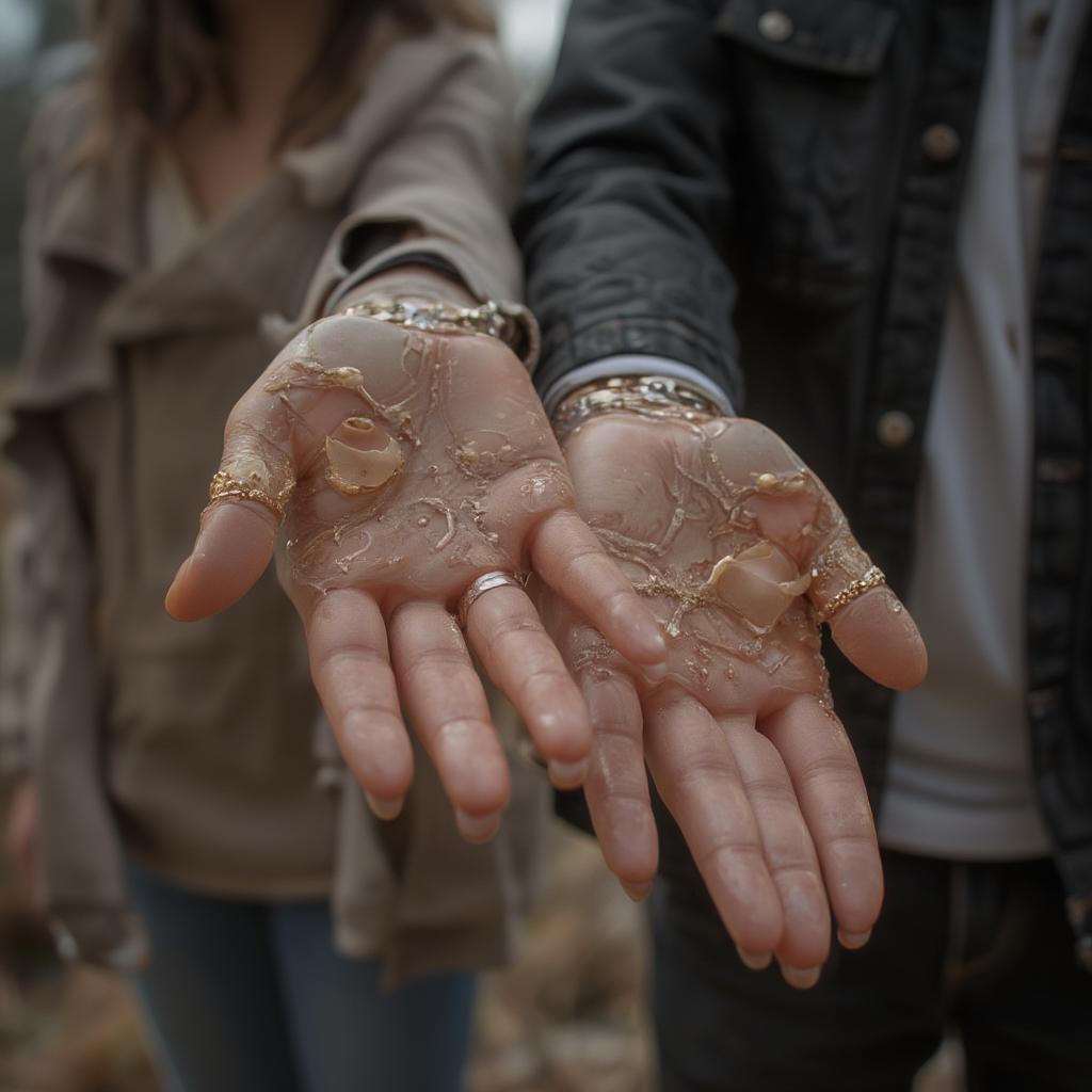 Couple holding hands, gazing into each other's eyes