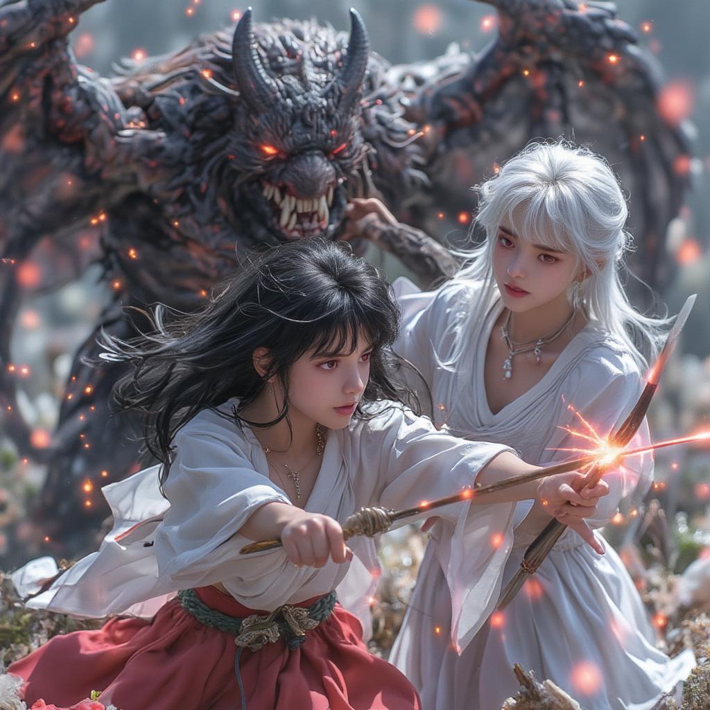 Inuyasha and Kagome Fighting Demons Together