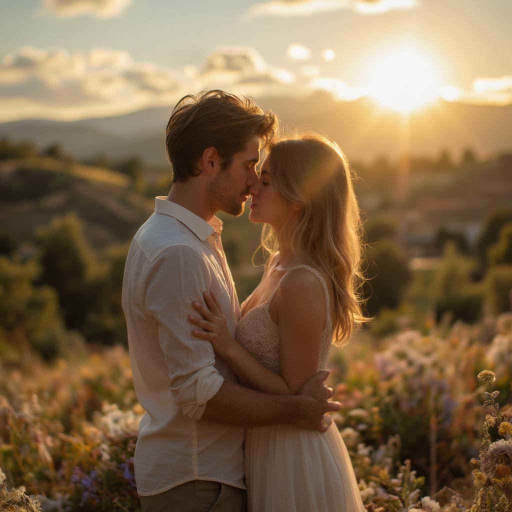 Italian couple embracing, surrounded by beautiful scenery