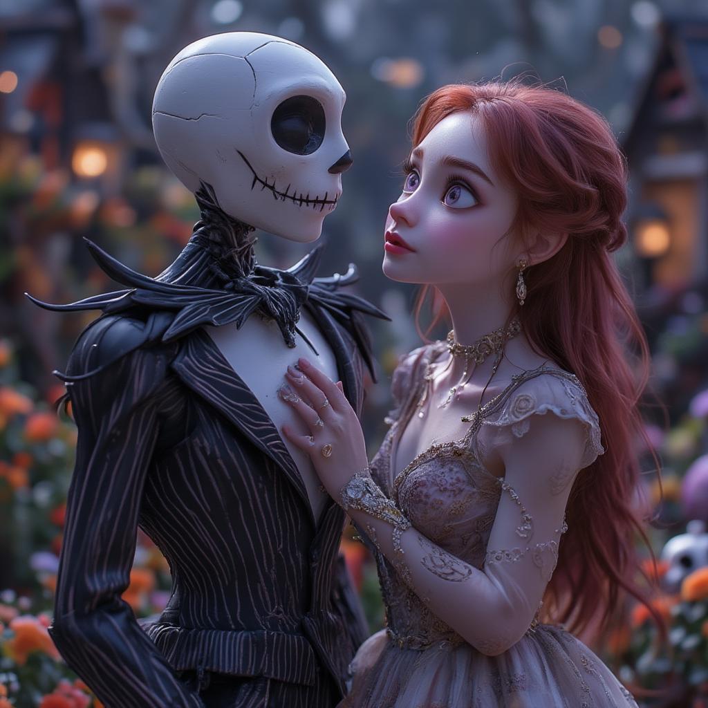 Jack and Sally share a longing gaze amidst the Halloween Town landscape