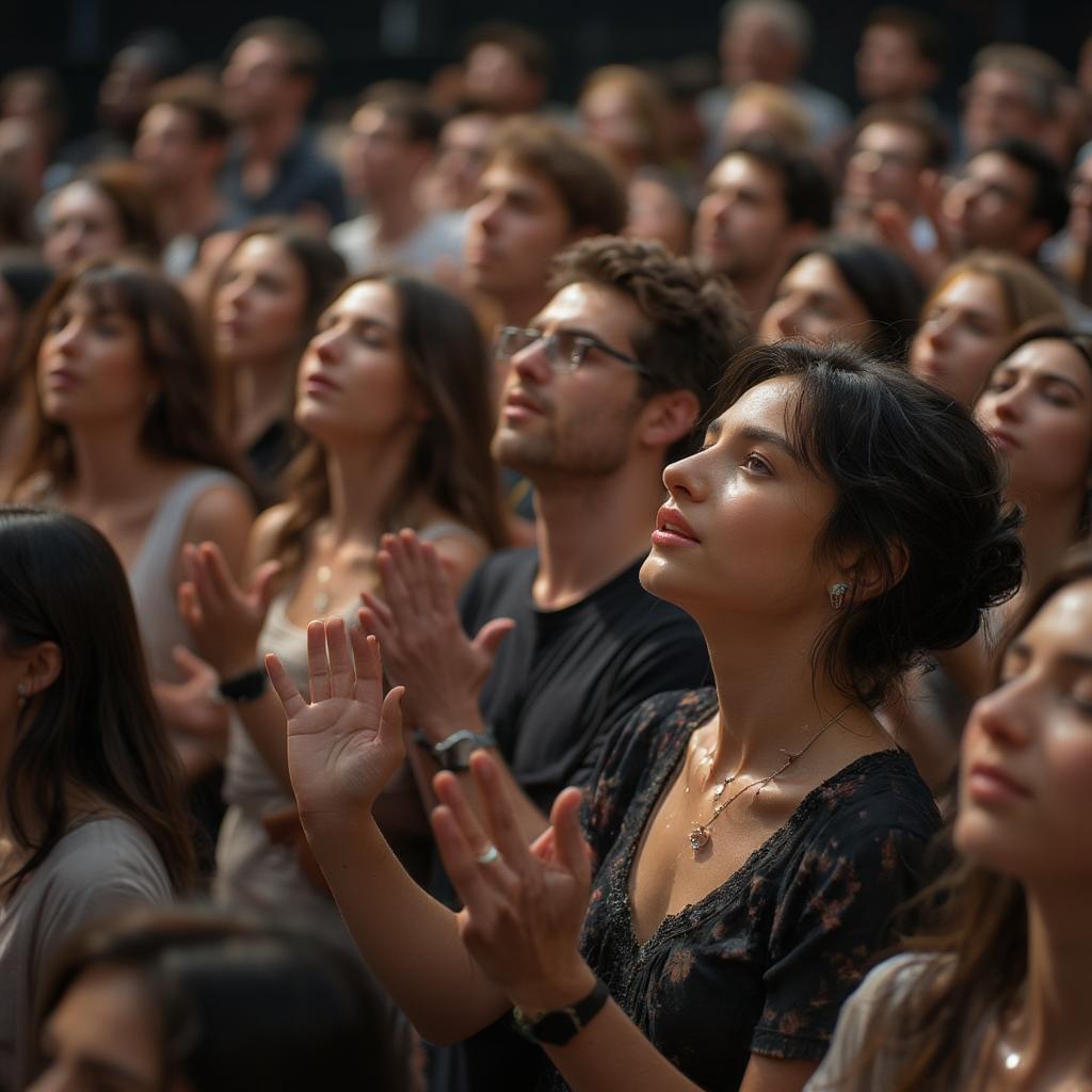 Image of people with hands raised in worship, moved by the song's message