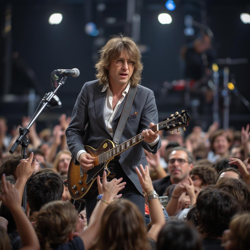 John Lennon holding a guitar and singing, surrounded by adoring fans, representing his impact on music and love.