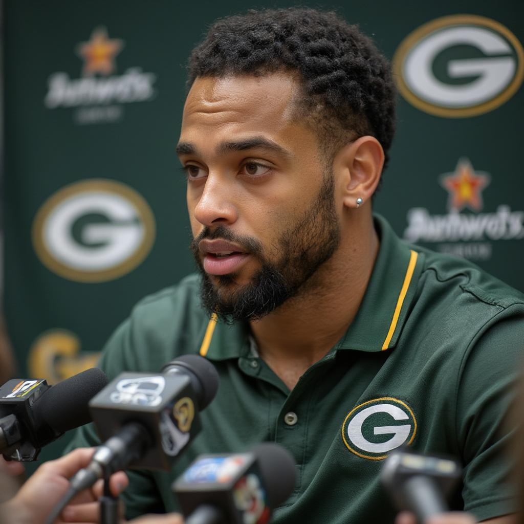 Jordan Love addressing the media at a Green Bay Packers press conference.