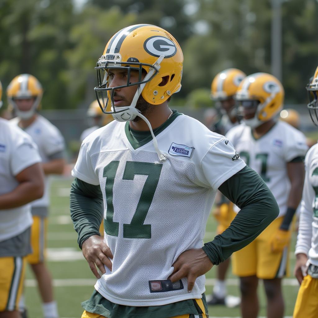 Jordan Love participating in Green Bay Packers training camp.