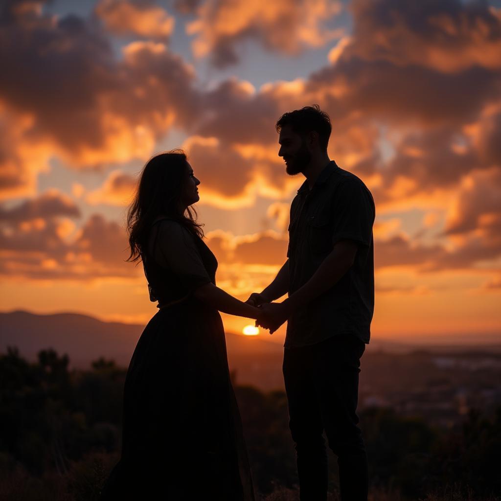 Couple Sharing a Joyful Sunset Embrace