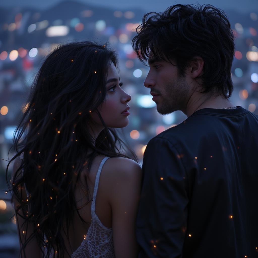 Mia and Sebastian gazing at the city lights