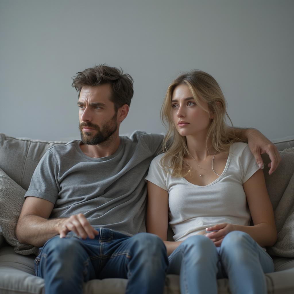 Couple Sitting Apart on a Couch, Lost in Their Own Thoughts