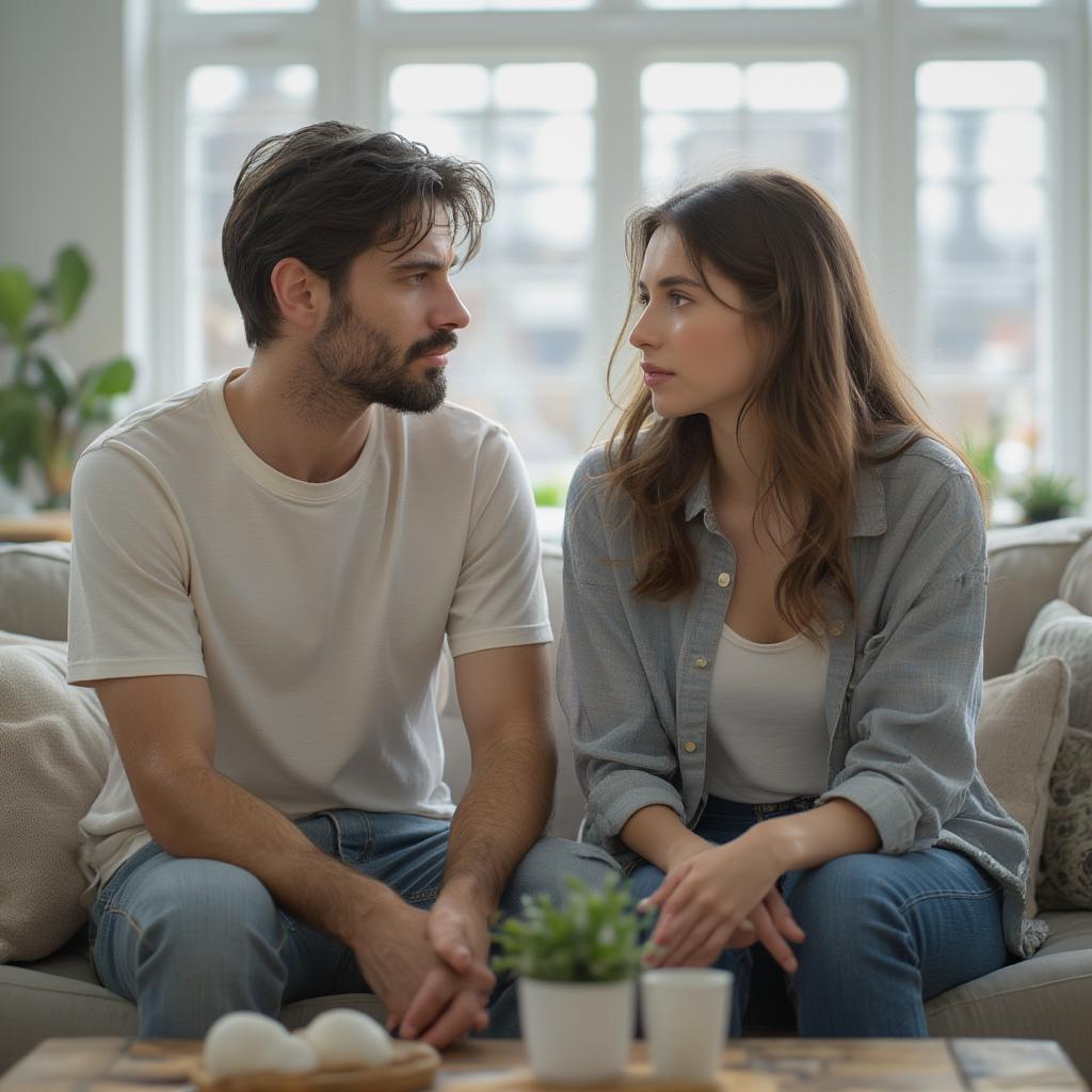 Couple Sitting Apart on a Couch, Avoiding Eye Contact