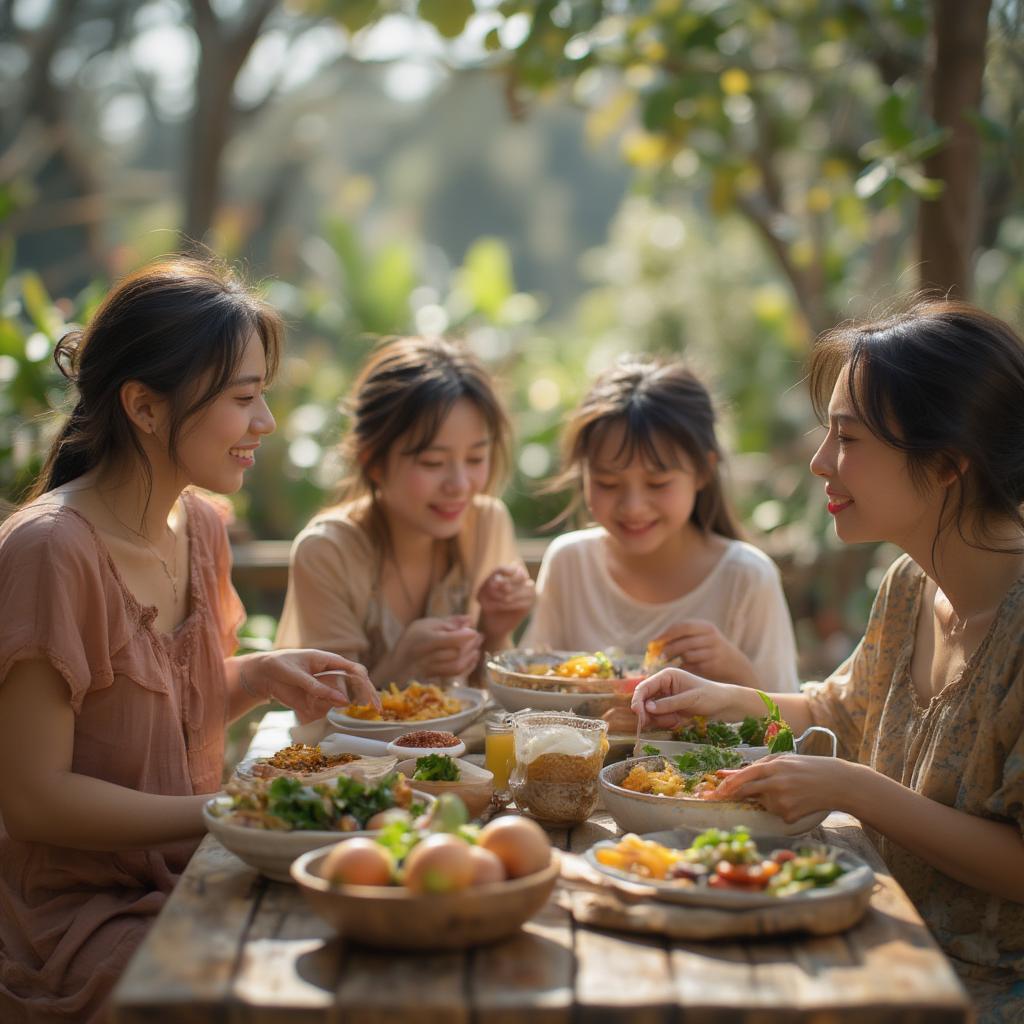 A Lao family demonstrating affection through shared meals and laughter