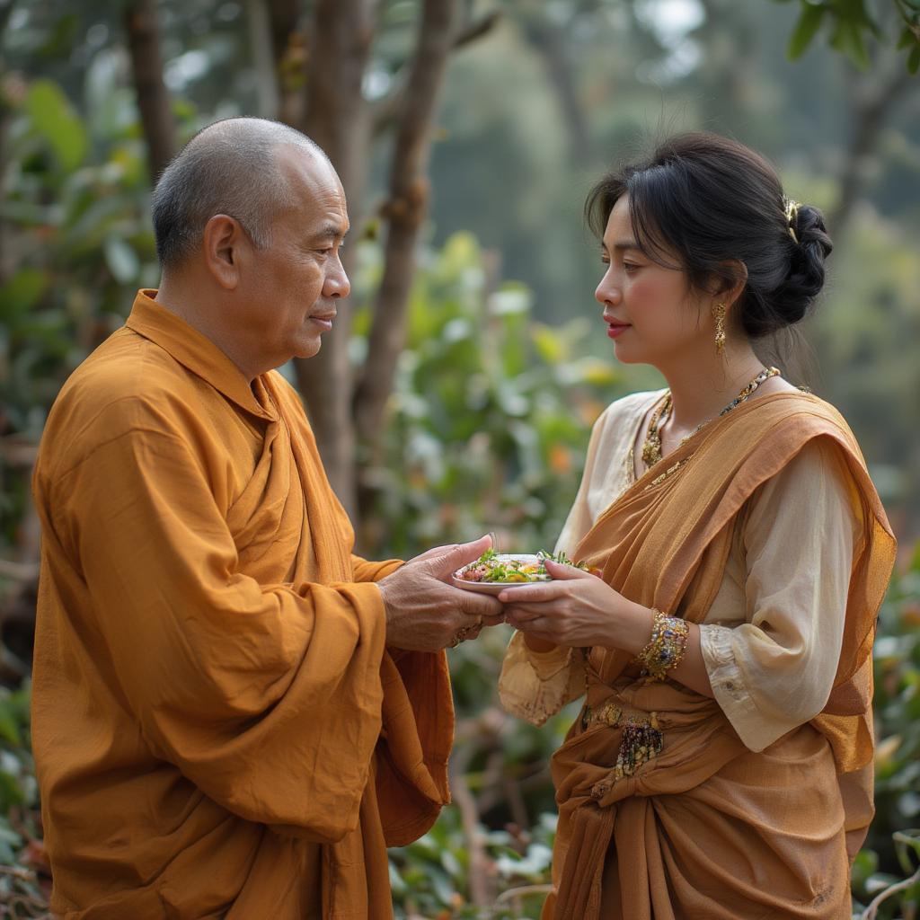 A Lao woman giving alms to a monk, demonstrating compassion and generosity