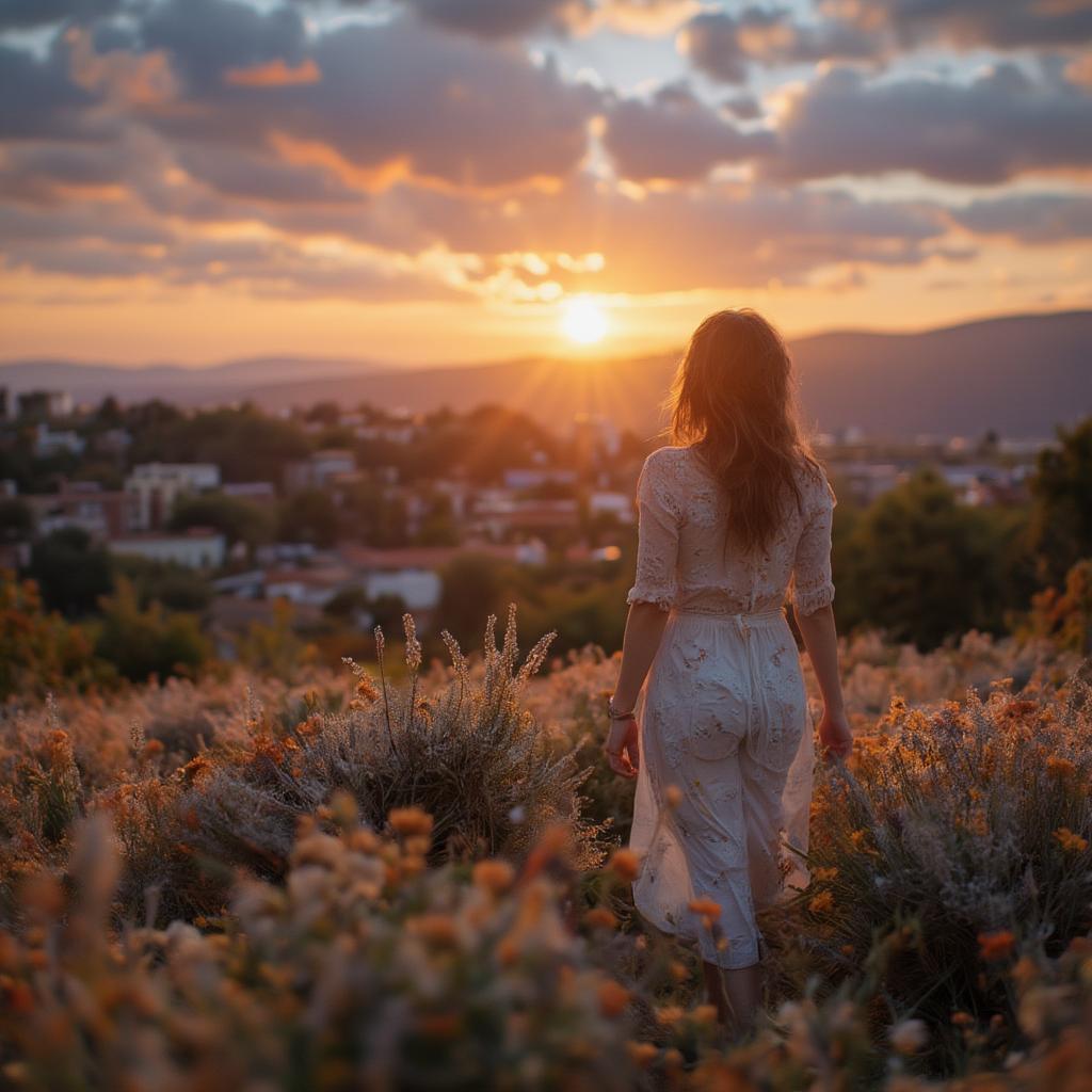 Woman Walking Away from a Setting Sun, Symbolic of Letting Go