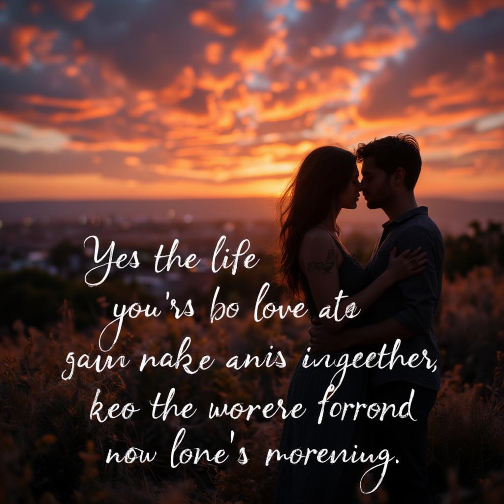 Couple watching sunset, embracing, with inspiring life love quote overlay.