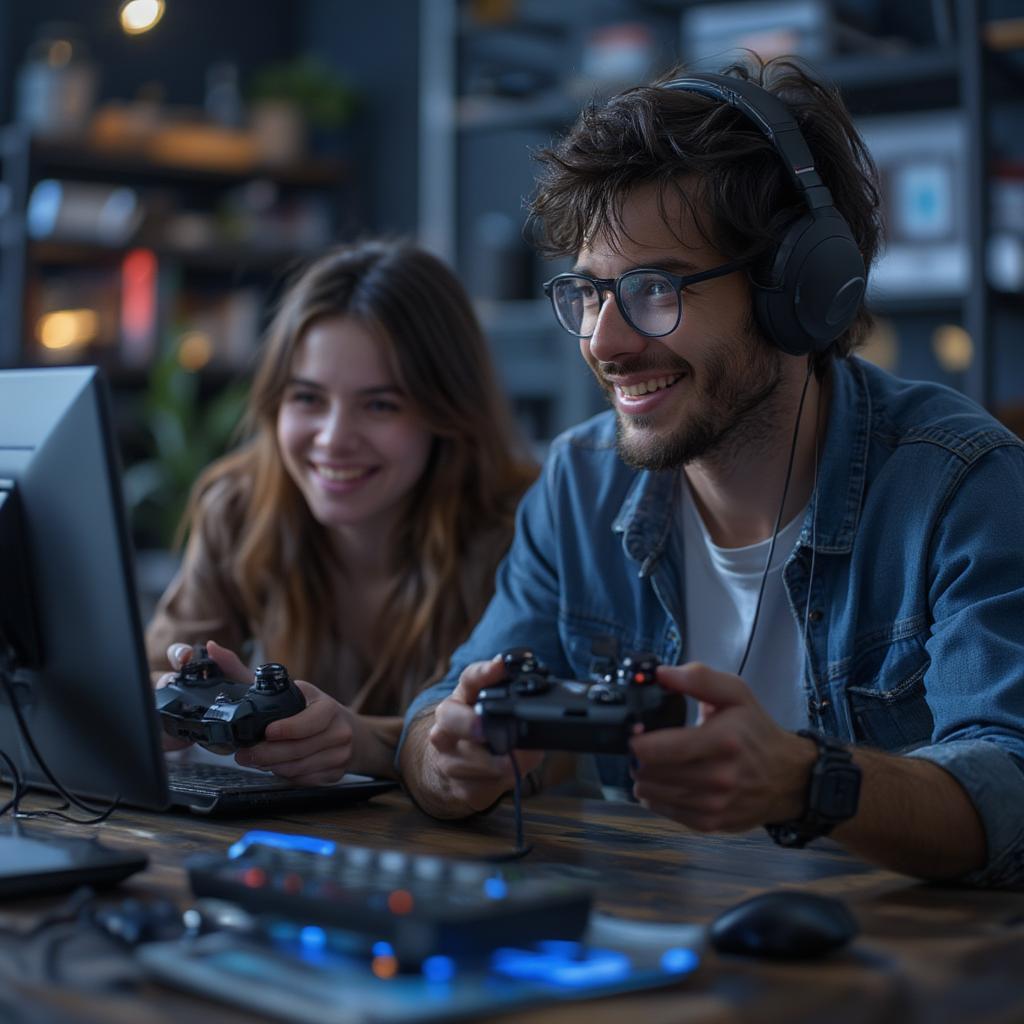 Long Distance Gaming Couple Connecting Online