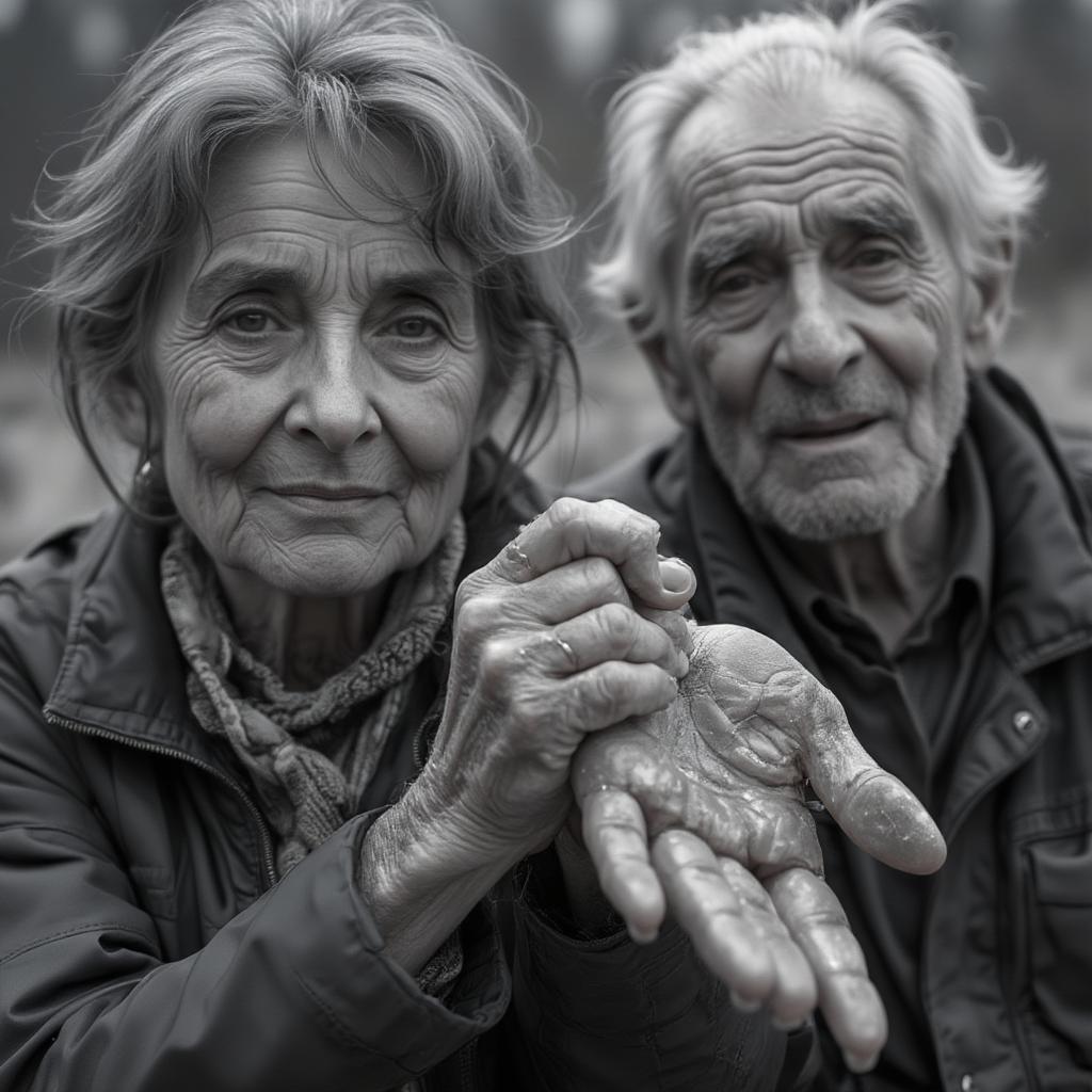 Elderly couple holding hands, representing enduring love and companionship.