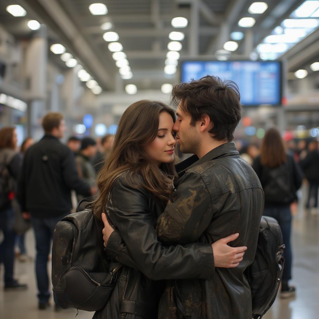 Couple embracing at the airport, showcasing the theme of love actually being all around.