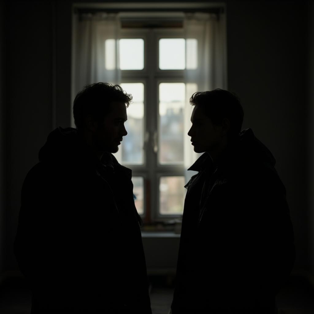 Secret Rendezvous: A dimly lit image of two figures silhouetted against a window, hinting at the clandestine nature of a secret meeting.