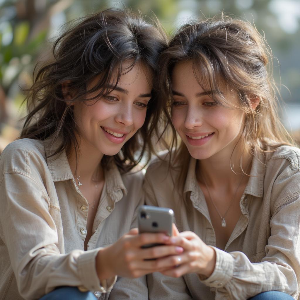 Two people sharing a phone, reading love quotes together