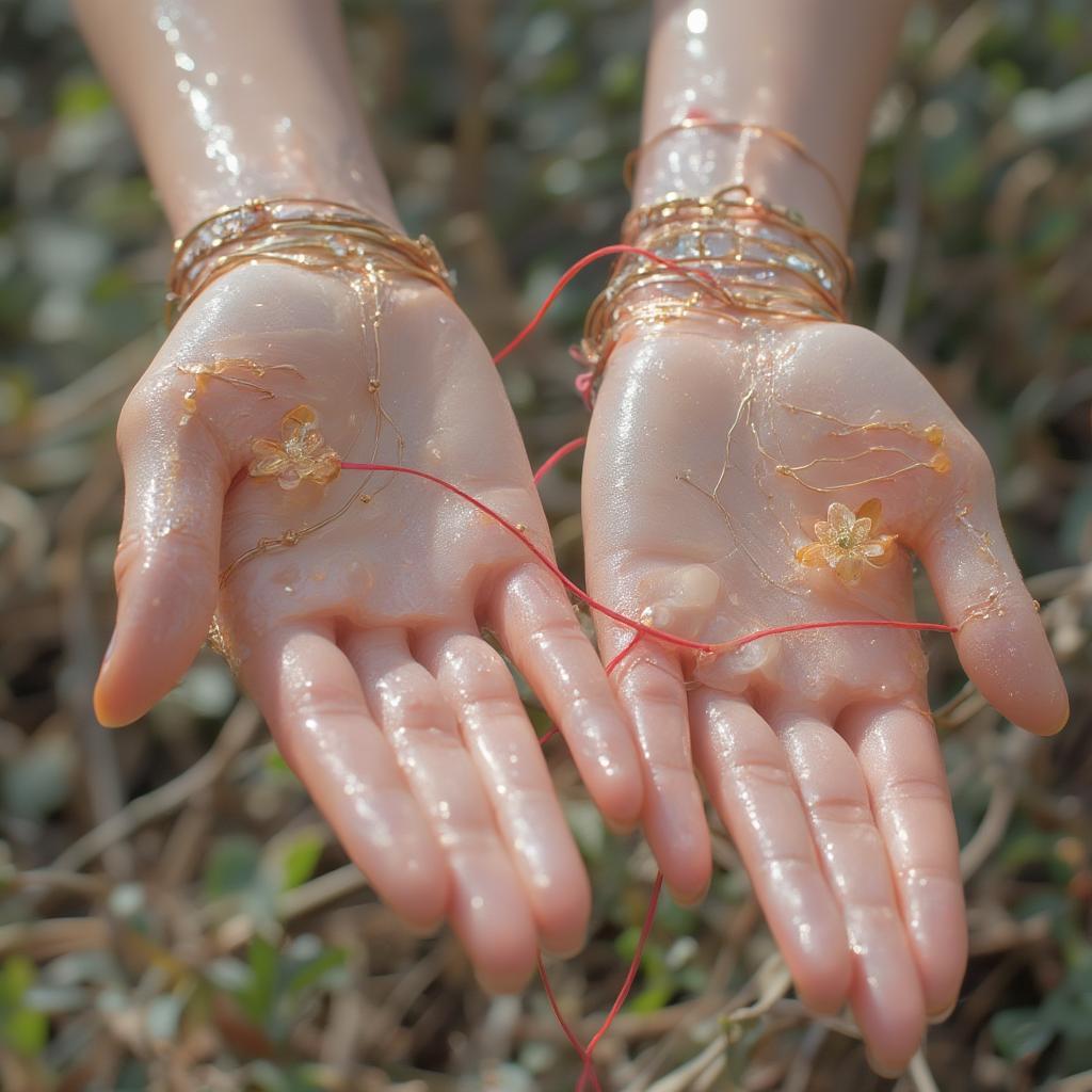 Red string connecting two hands symbolizing love and fate