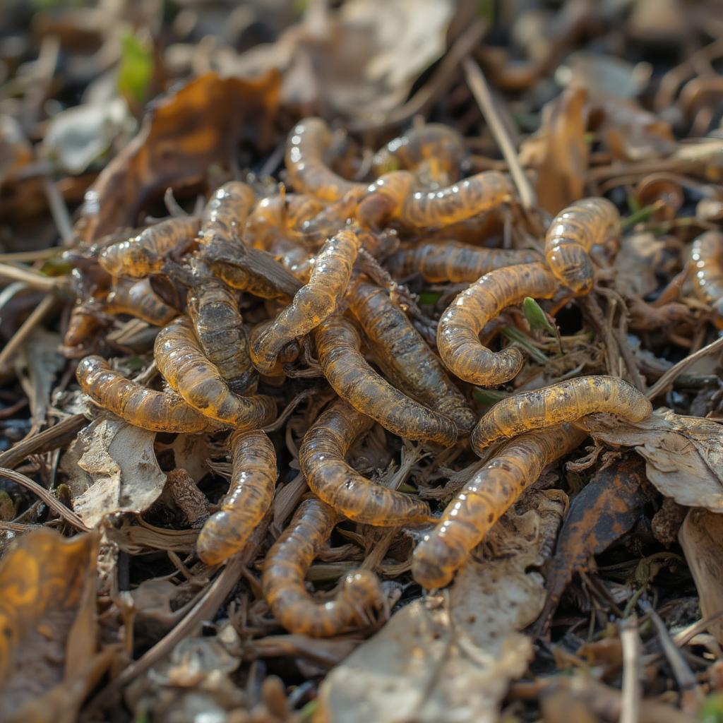 Love bug larvae decomposing organic matter