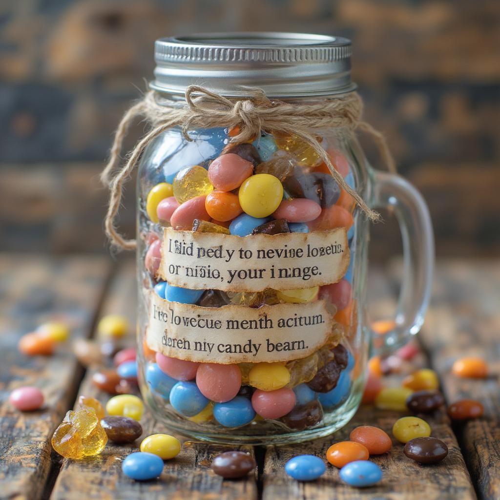 Love Candy Message Jar: A mason jar filled with colorful candies and small scrolls of paper with handwritten love quotes.