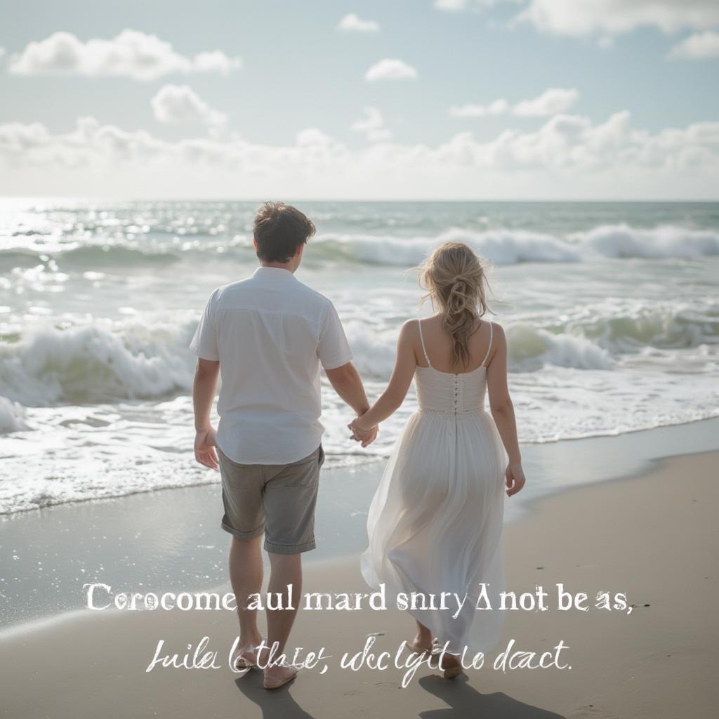 Couple walking hand-in-hand on a beach with an inspirational quote